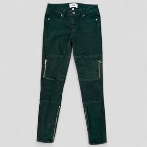 Paige Women's Jeans Moto-Core Dark Green Denim Pants Zipper Pockets Size 27